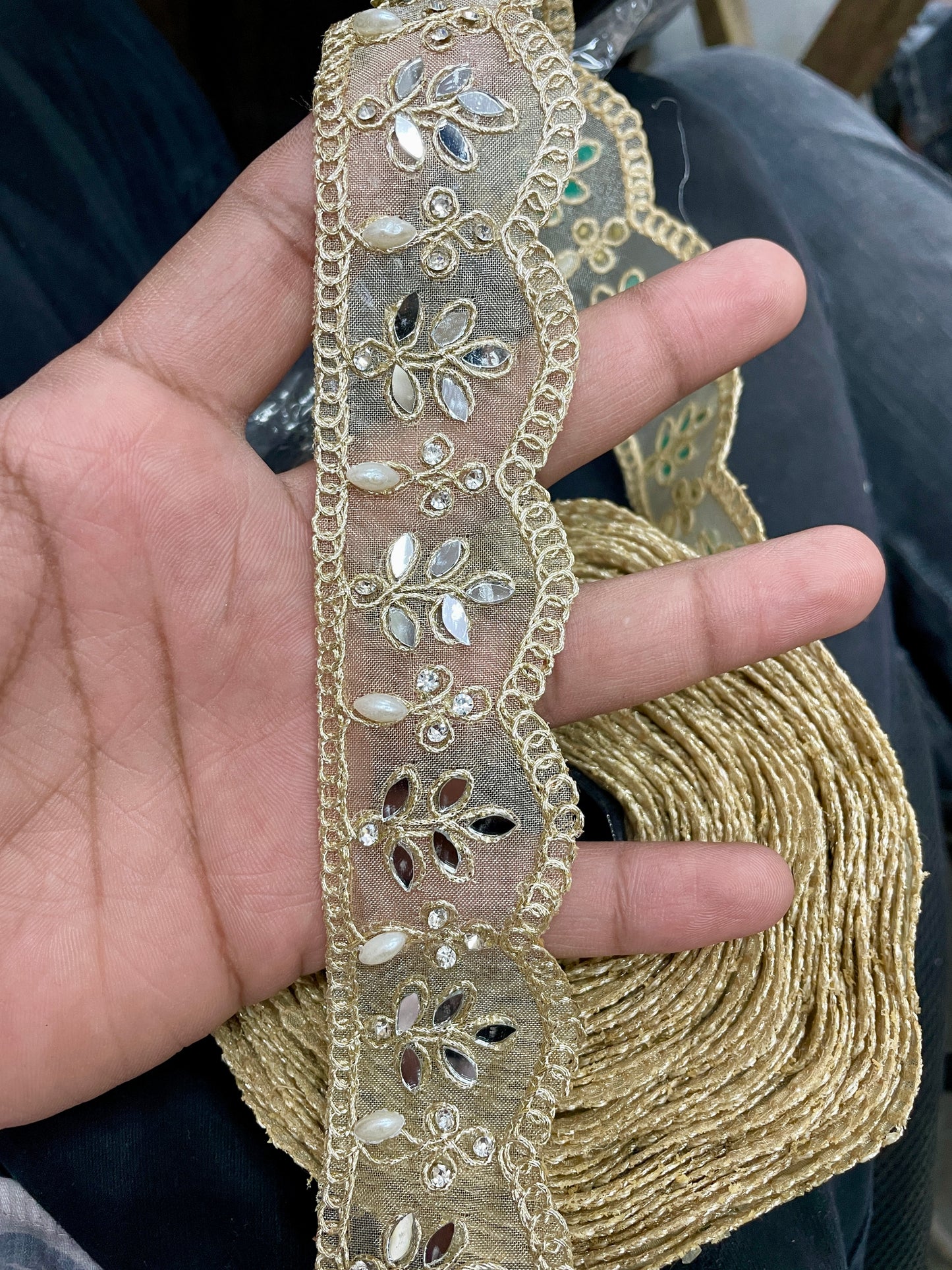 9mtr Mirror and stone handwork lace