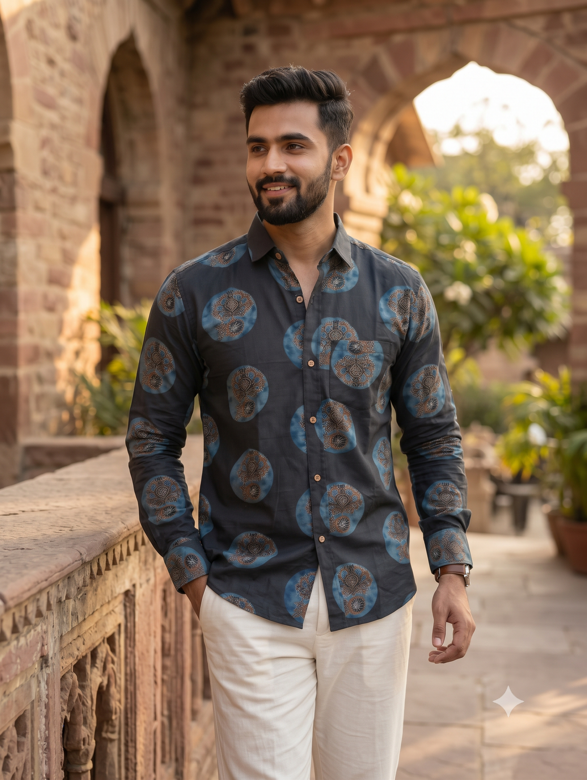 (Free shipping) Sanganeri print cotton fabrics shirt